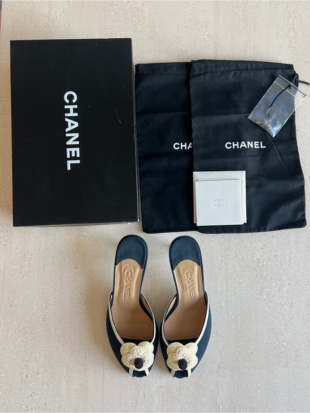 CHANEL Navy and Cream Camellia Kitten Heel Mules - Picture 2 of 9